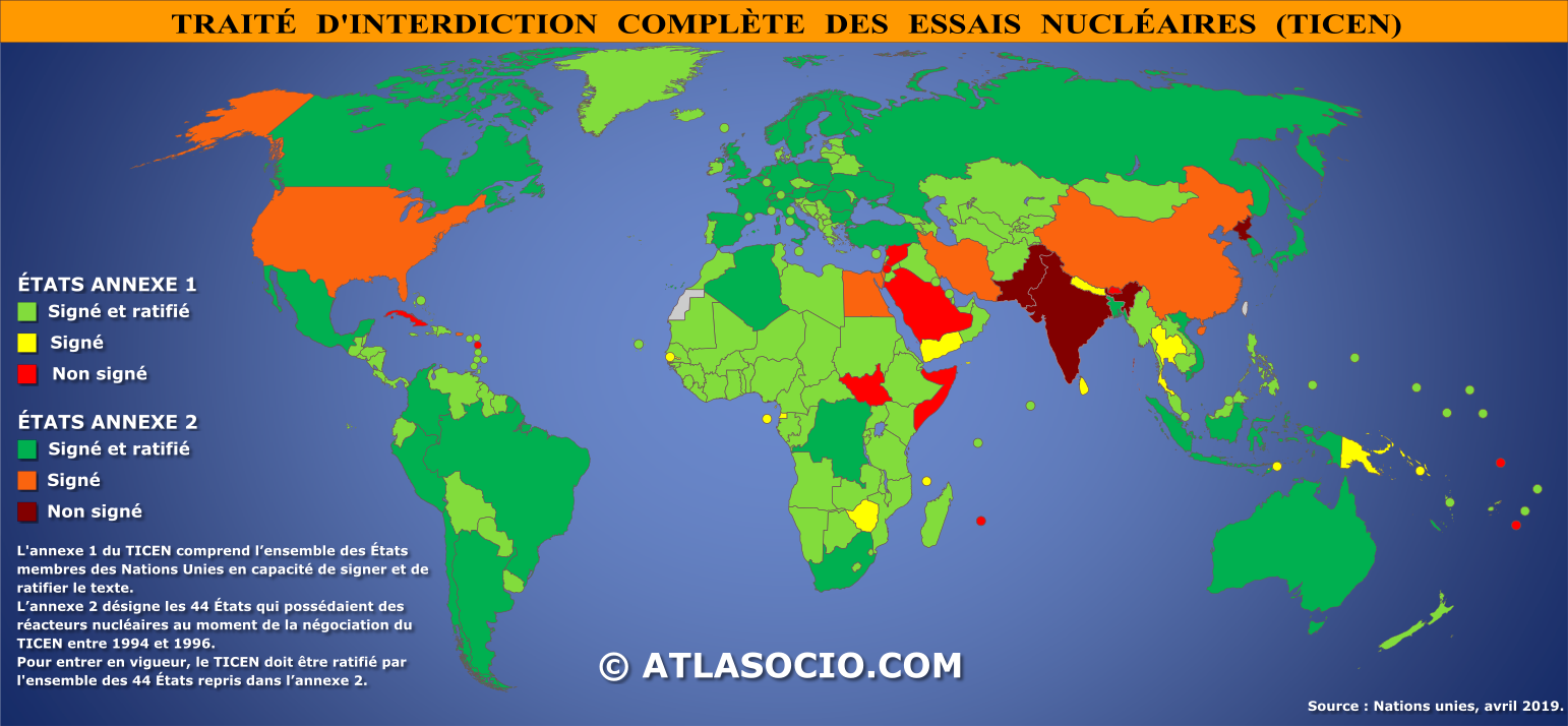 Carte de l'état des ratifications du Traité d'interdiction complète des essais nucléaires.