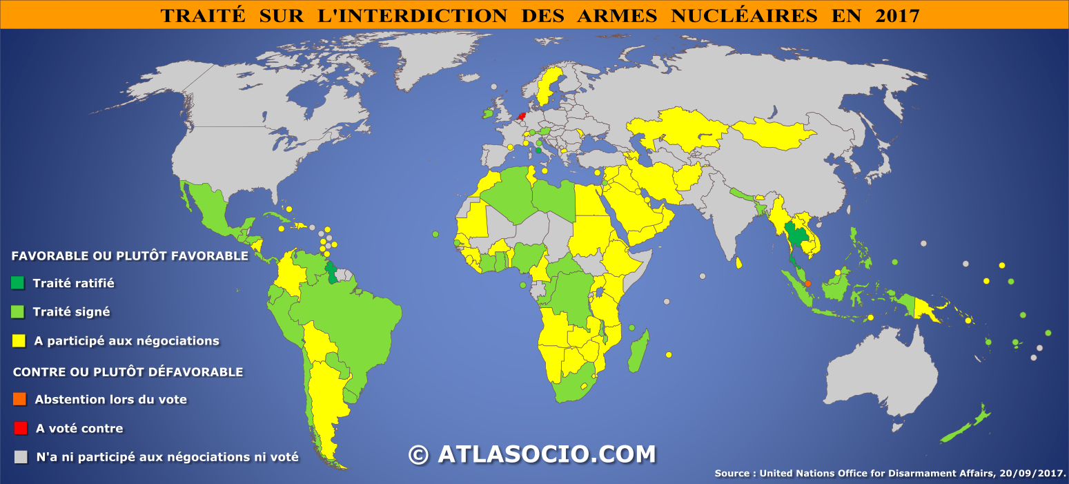 Carte du monde relative au Traité sur l'interdiction des armes nucléaires.
