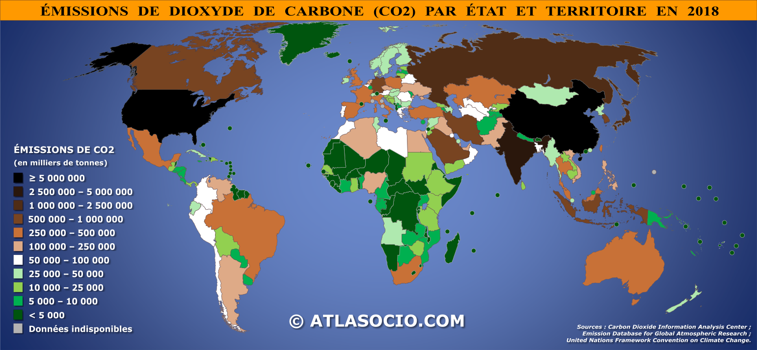  Carte du monde relative aux émissions de dioxyde de carbone (CO2) par État.