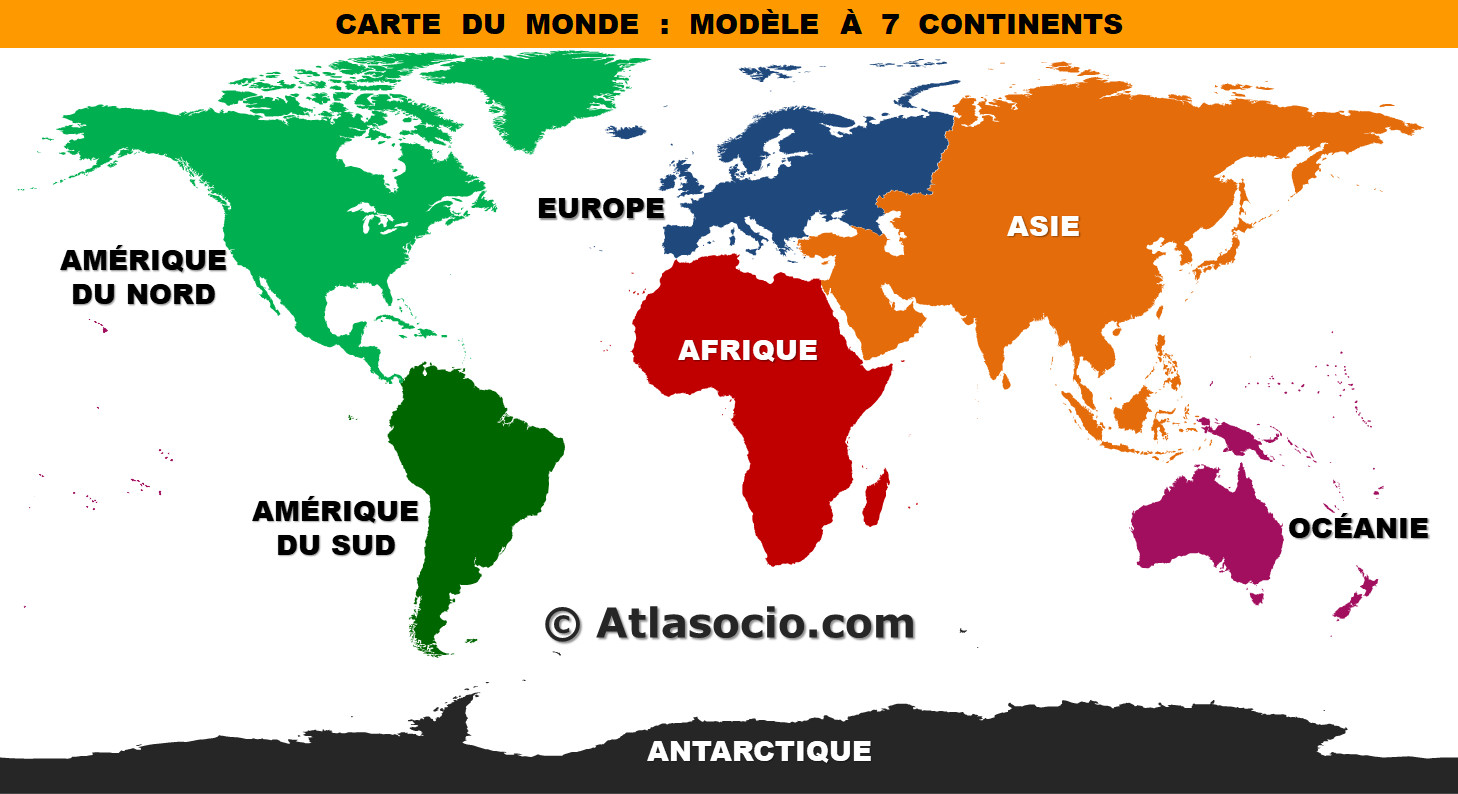 Carte des continents du monde - modèle à 7 continents (Amérique du Nord et Amérique du Sud)