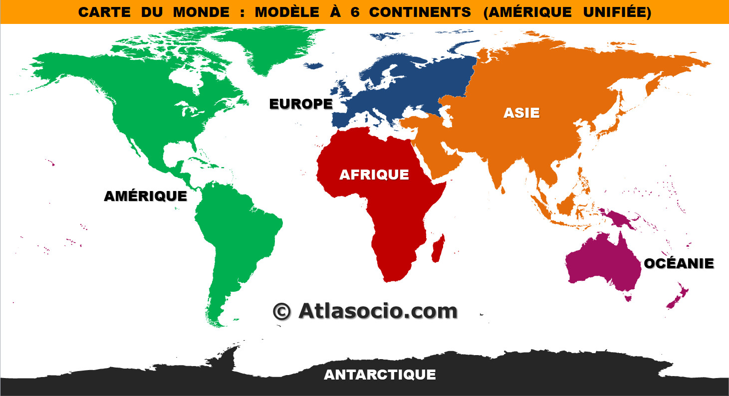 Carte des continents du monde - modèle à 6 continents (Amérique unifiée)