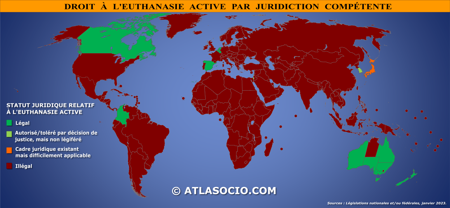 Carte du monde relative au droit à l'euthanasie active par juridiction compétente