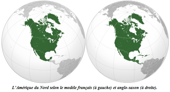 L’Amérique du Nord selon le modèle français (à gauche) et anglo-saxon (à droite).