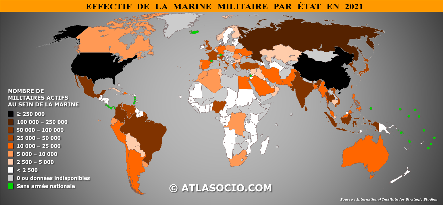 Carte du monde relative à l'effectif de la marine militaire par État en 2021