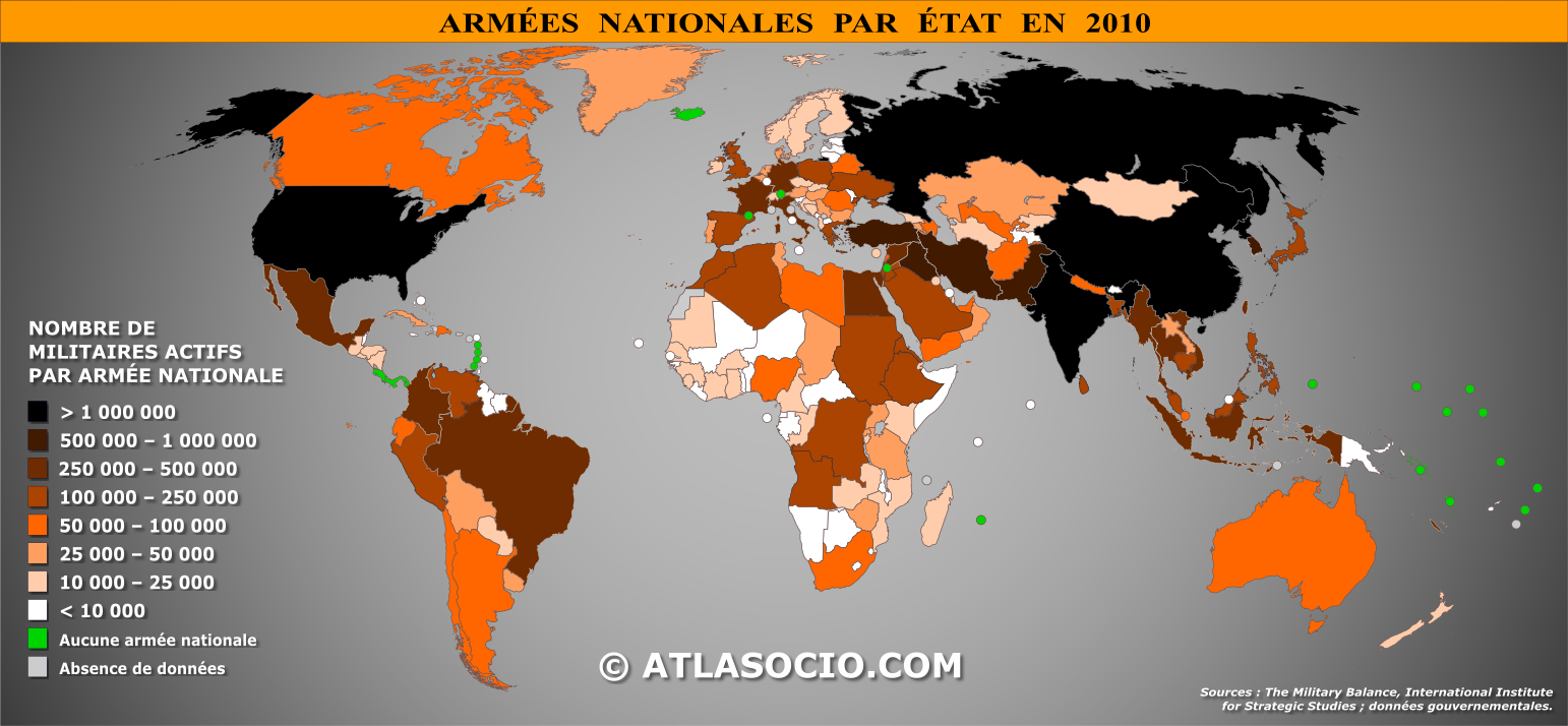 Carte du monde relative aux effectifs des armées nationales par État en 2010