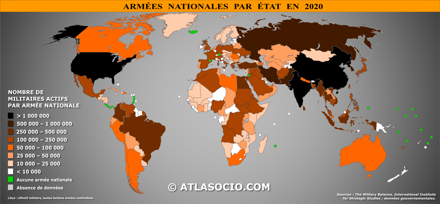 Carte du monde relative aux effectifs des armées nationales par État en 2020
