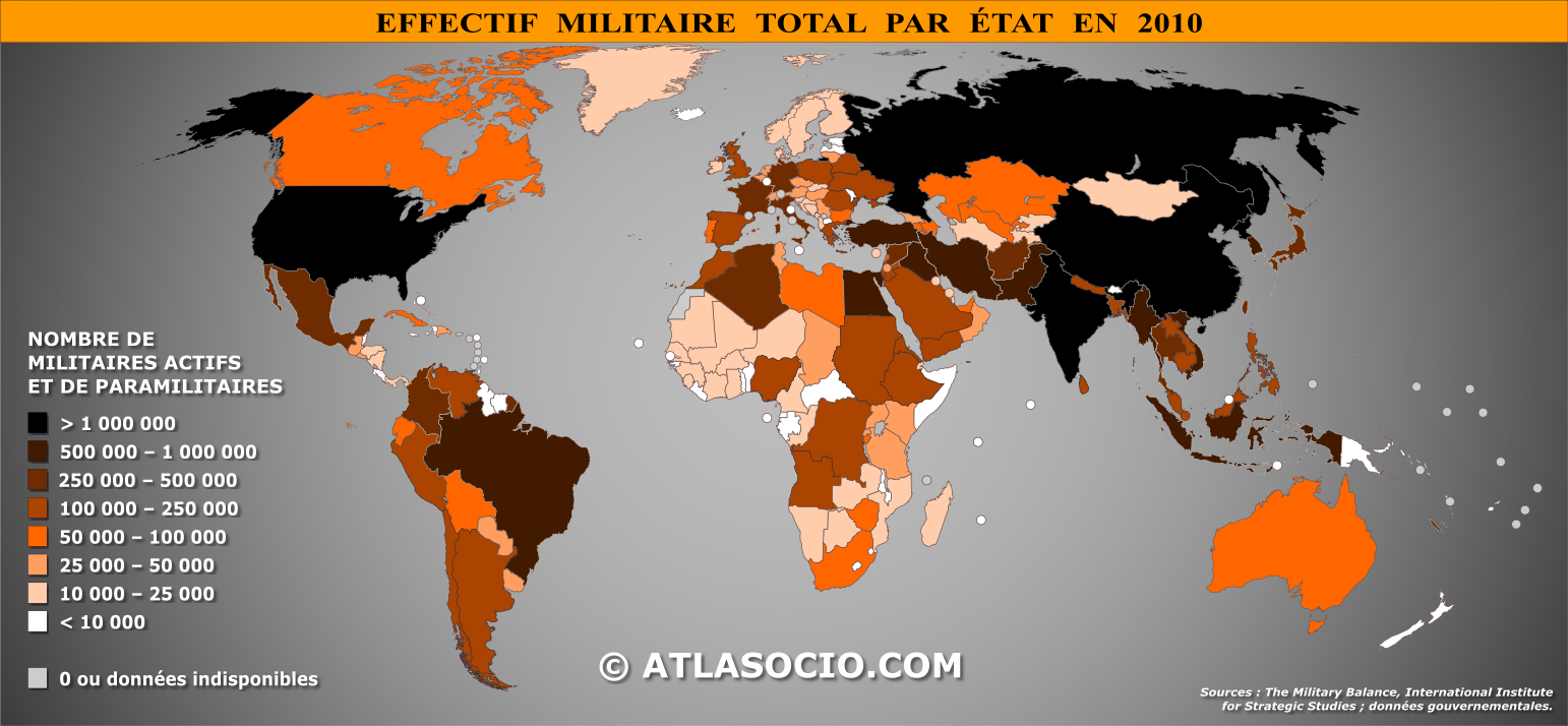 Carte du monde relative aux effectifs militaires (total) par État en 2010