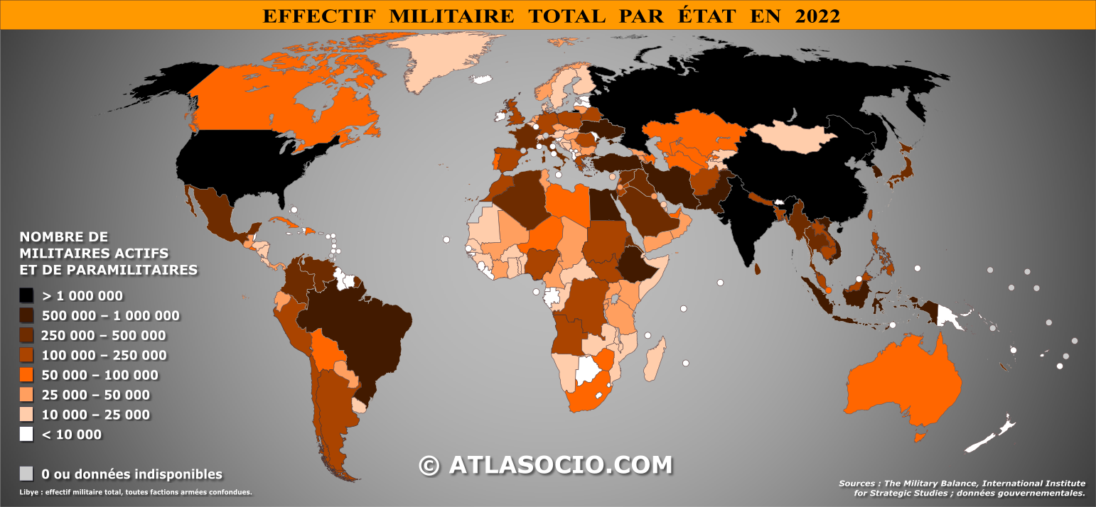 Carte du monde relative aux effectifs militaires (total) par État en 2022