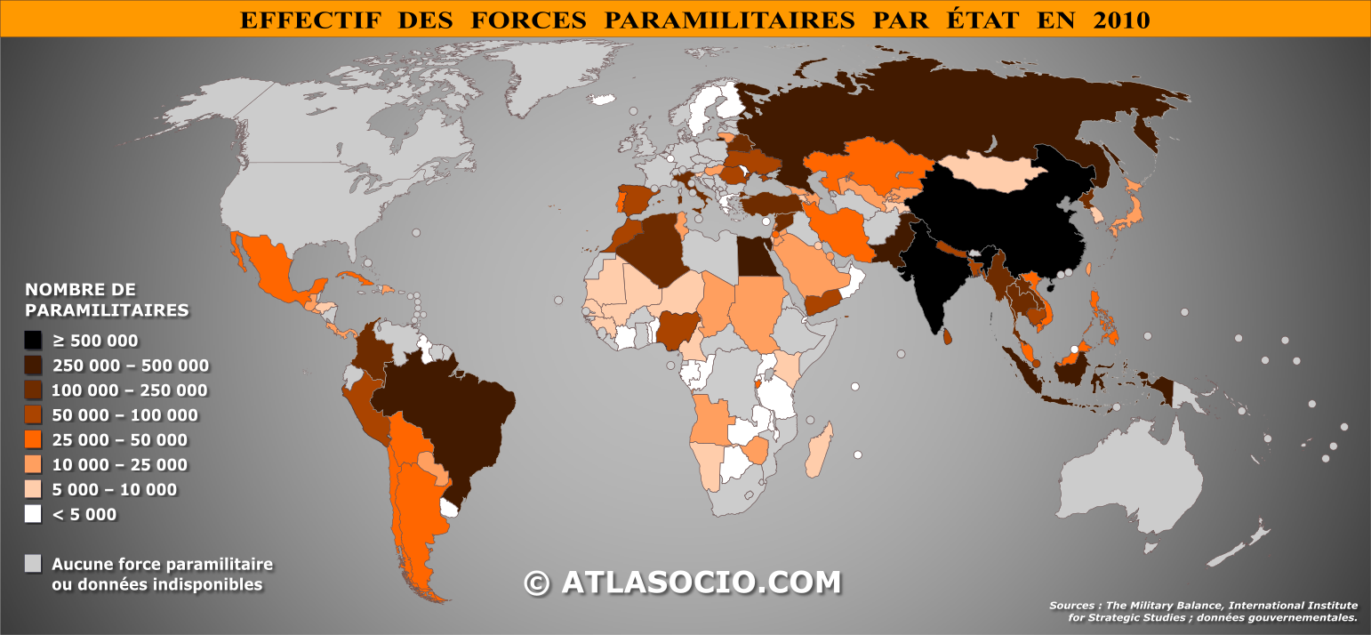 Carte du monde relative à l'effectif des forces paramilitaires par État en 2010