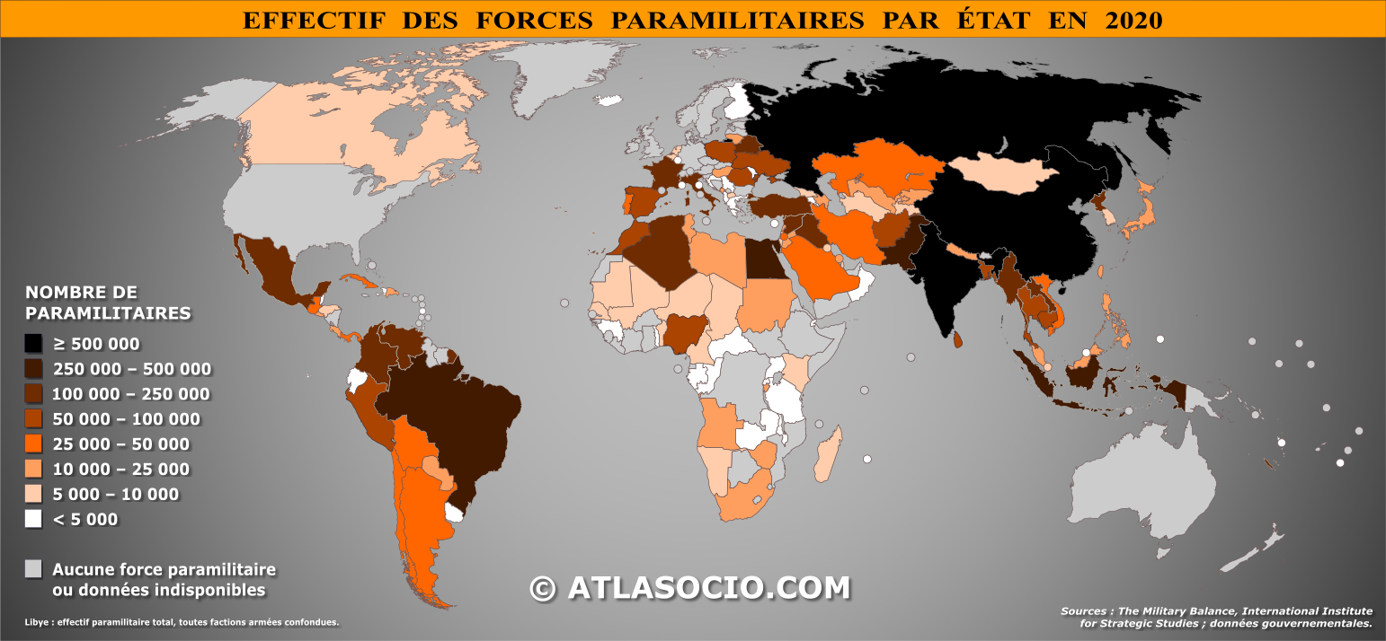 Carte du monde relative à l'effectif des forces paramilitaires par État en 2020