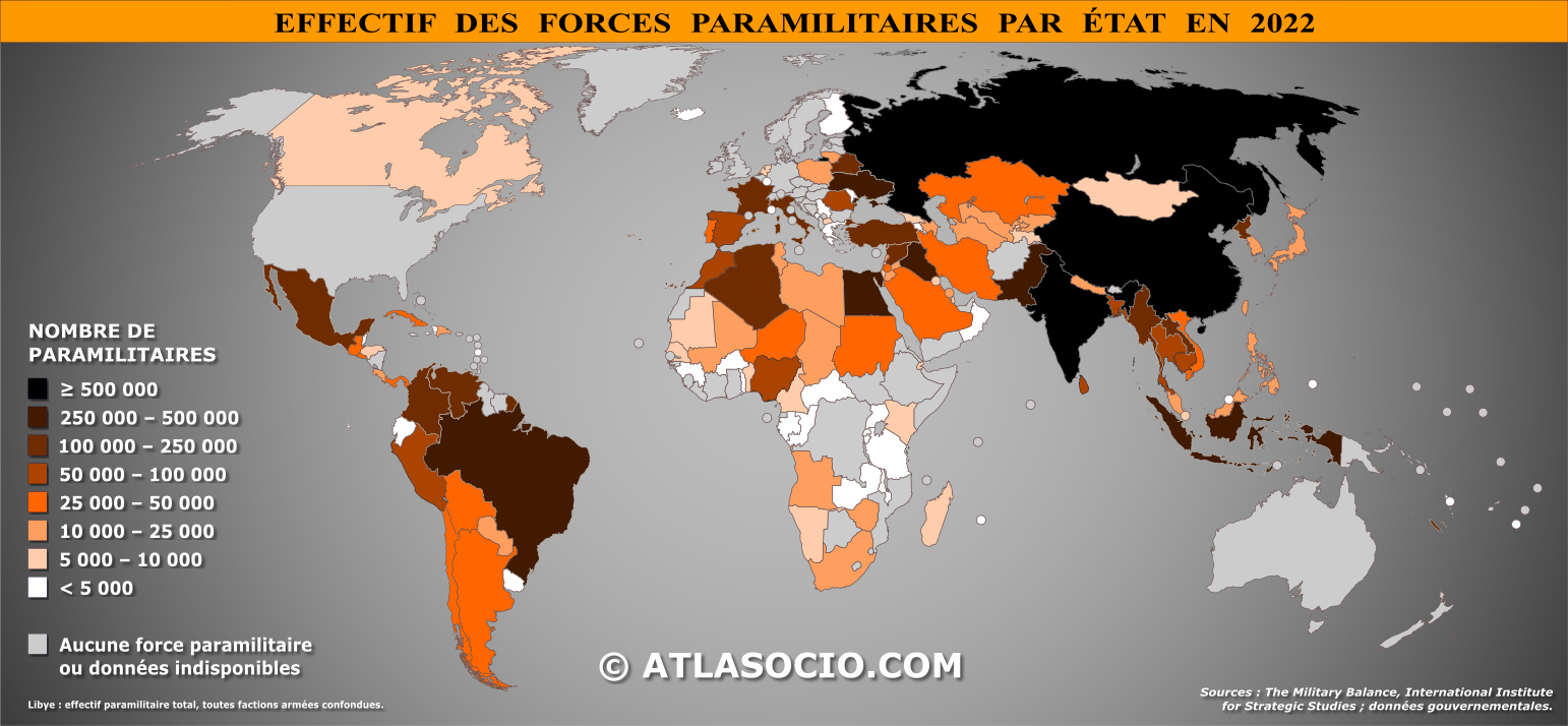 Carte du monde relative à l'effectif des forces paramilitaires par État en 2022