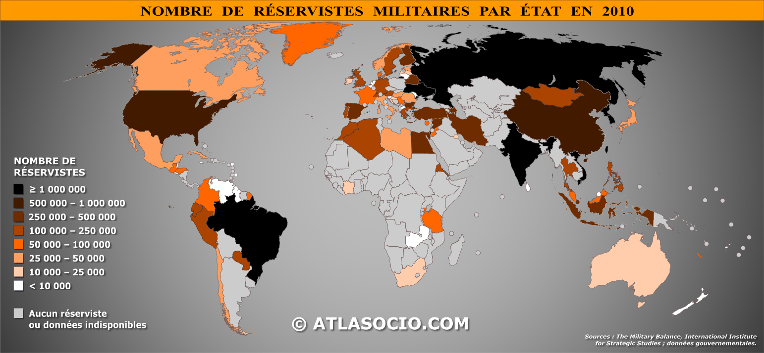Carte du monde relative au nombre de réservistes militaires par État en 2010