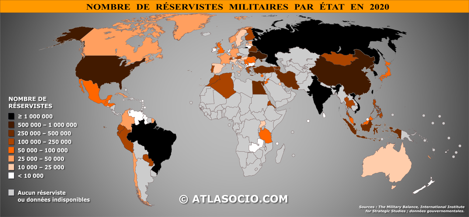 Carte du monde relative au nombre de réservistes militaires par État en 2020