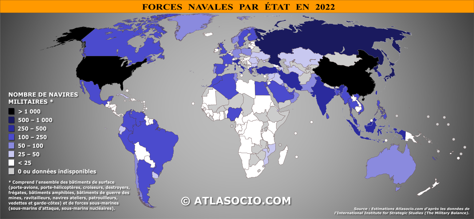 Carte du monde relative aux équipements des forces navales par État en 2022