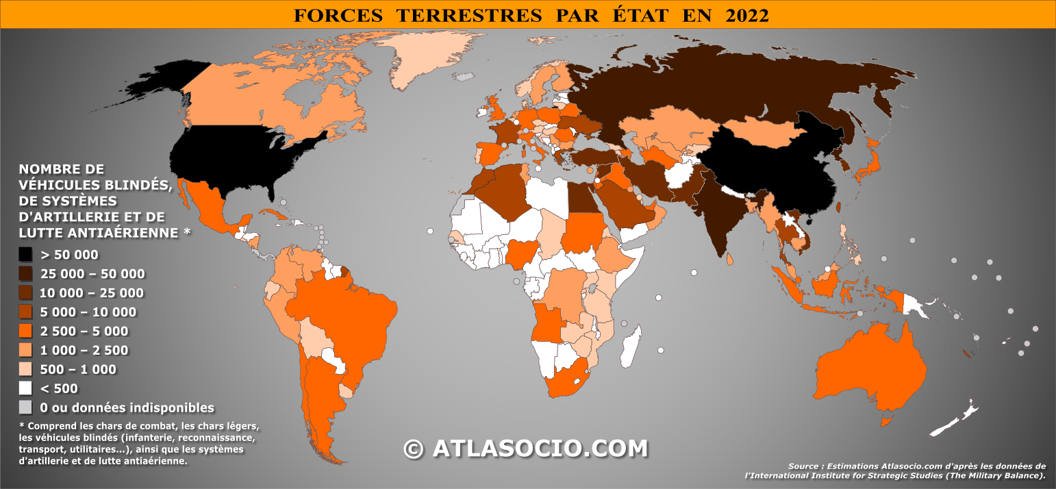 Carte du monde relative aux équipements des forces terrestres par État en 2022