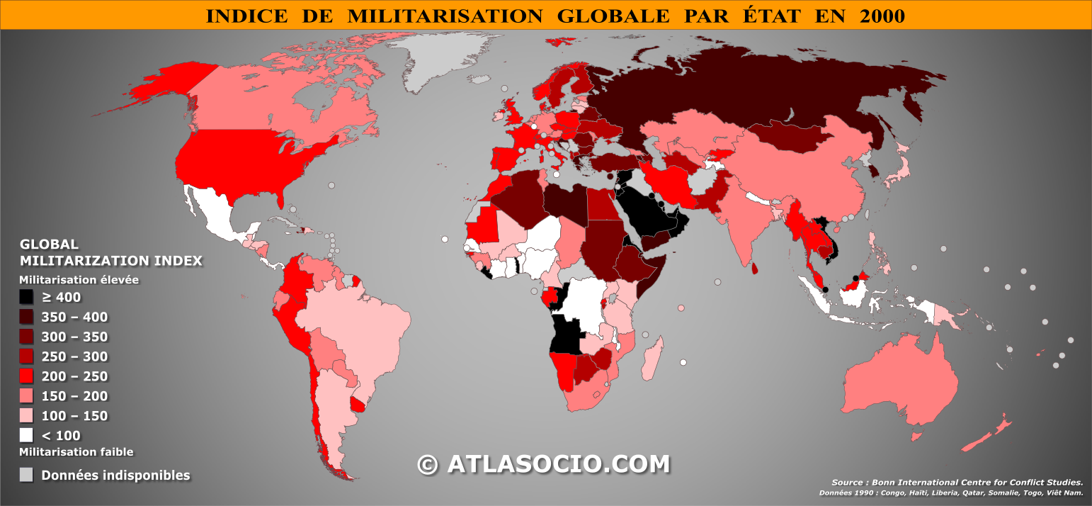 Carte du monde relative à l'indice de militarisation par État en 2000