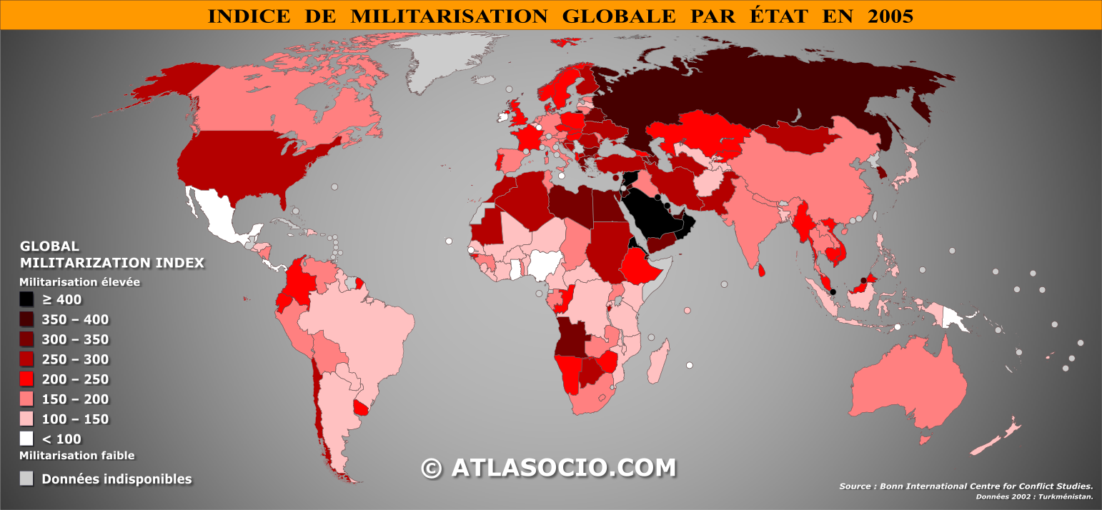 Carte du monde relative à l'indice de militarisation par État en 2005