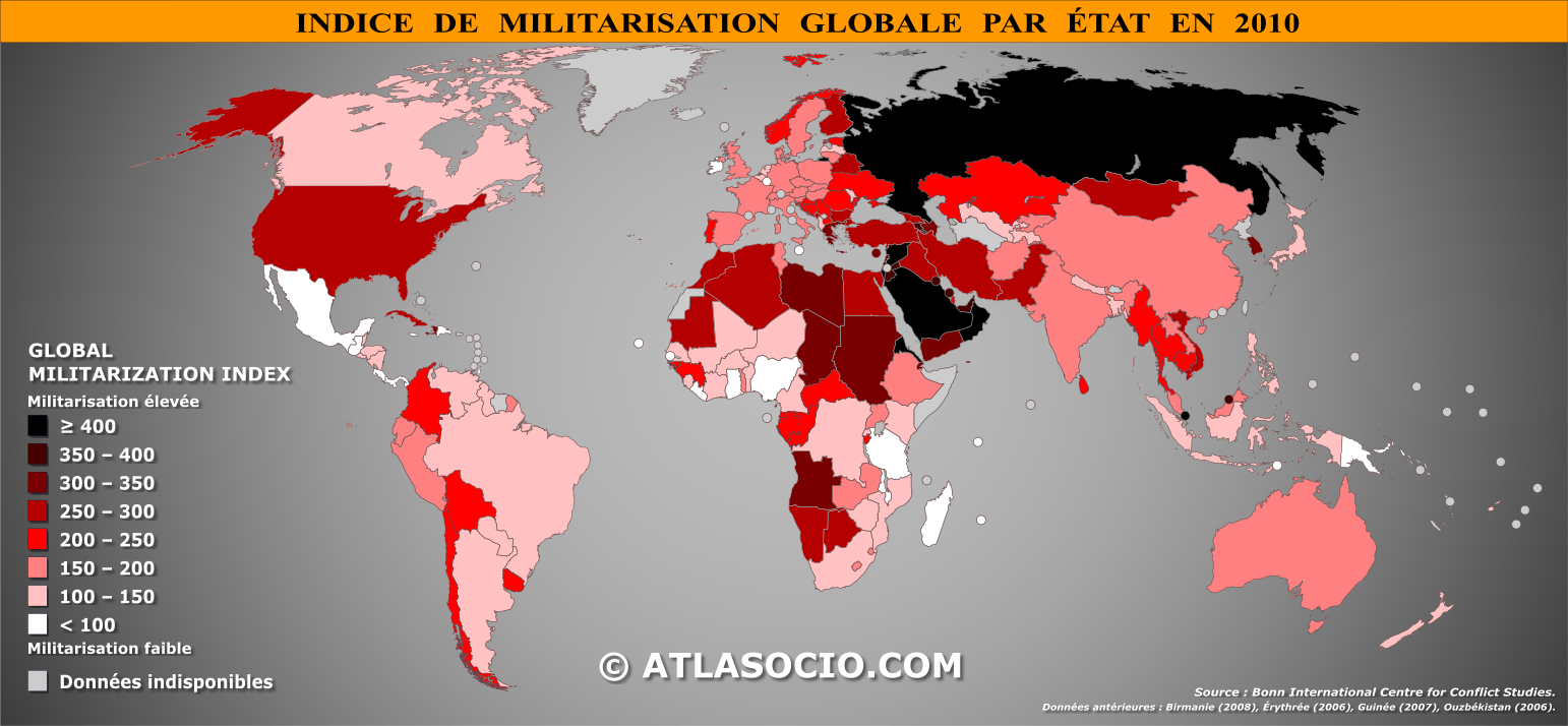 Carte du monde relative à l'indice de militarisation par État en 2010
