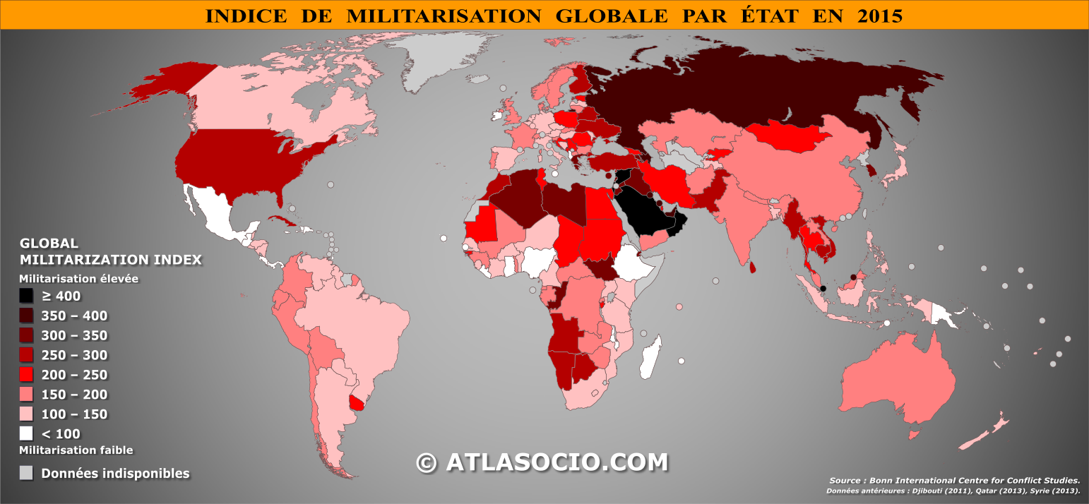 Carte du monde relative à l'indice de militarisation par État en 2015