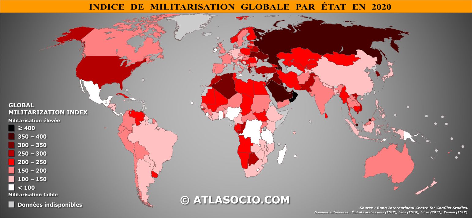 Carte du monde relative à l'indice de militarisation par État en 2020