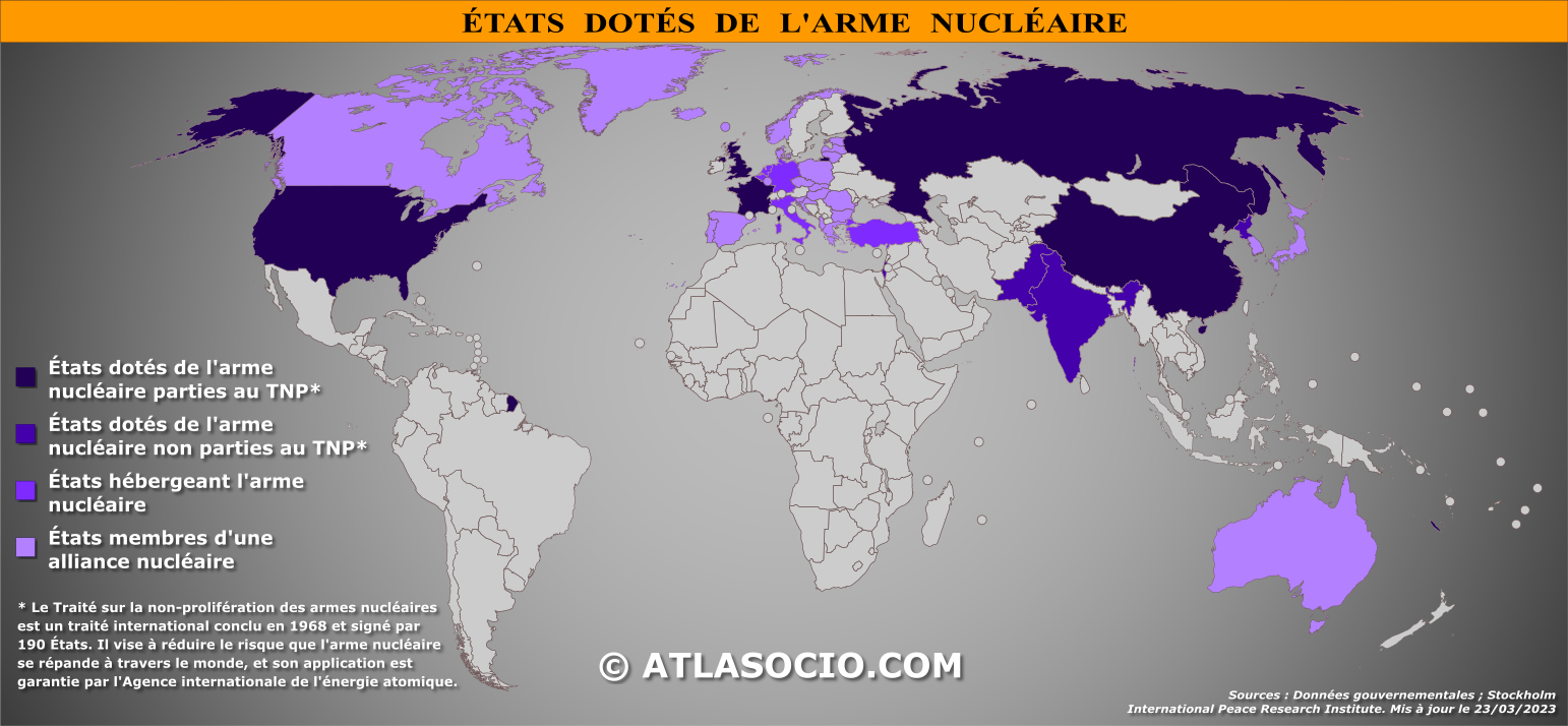 Carte du monde relative aux États dotés ou hébergeant l'arme nucléaire