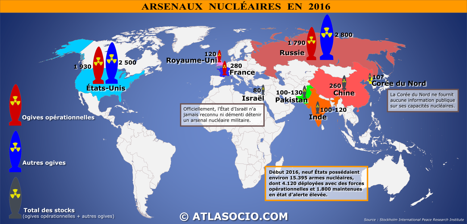 Carte du monde relative aux arsenaux nucléaires par État en 2016