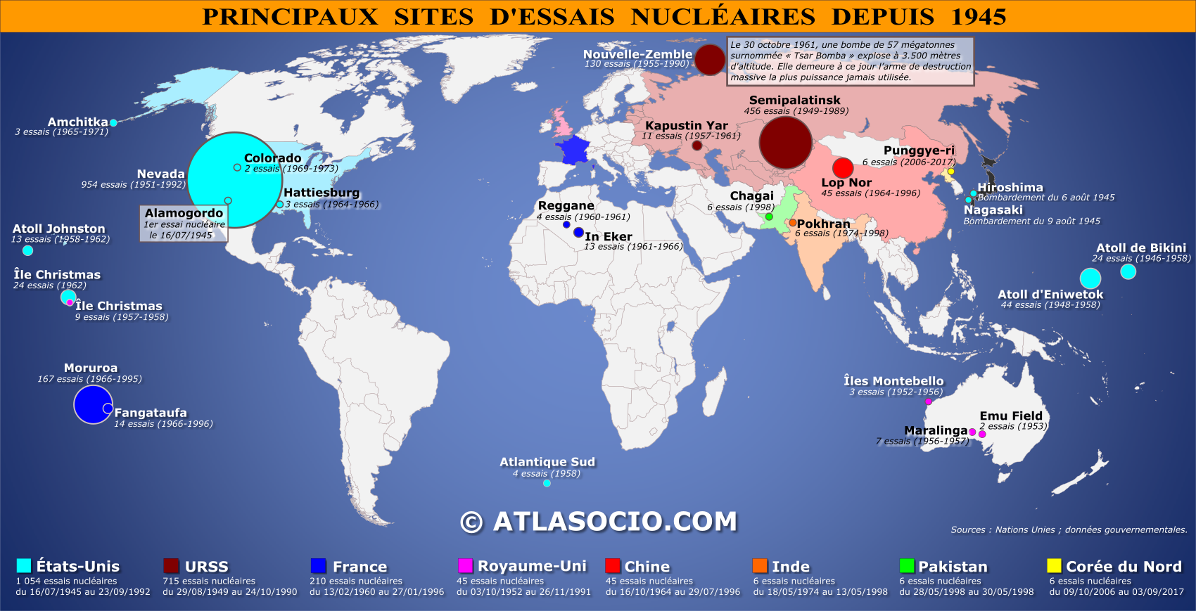 Carte du monde relative aux principaux sites d'essais nucléaires depuis 1945
