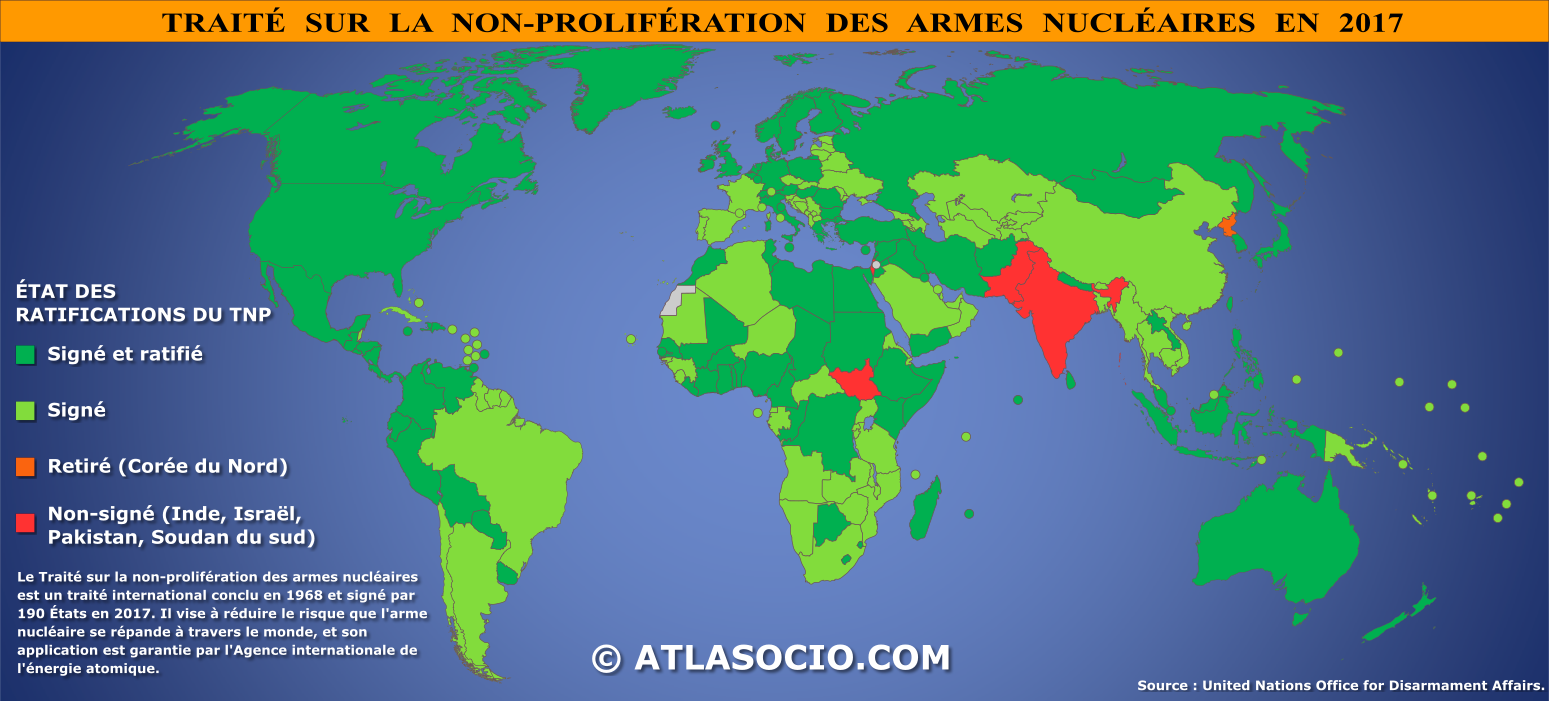 Carte des États parties au Traité sur la non-prolifération des armes nucléaires.