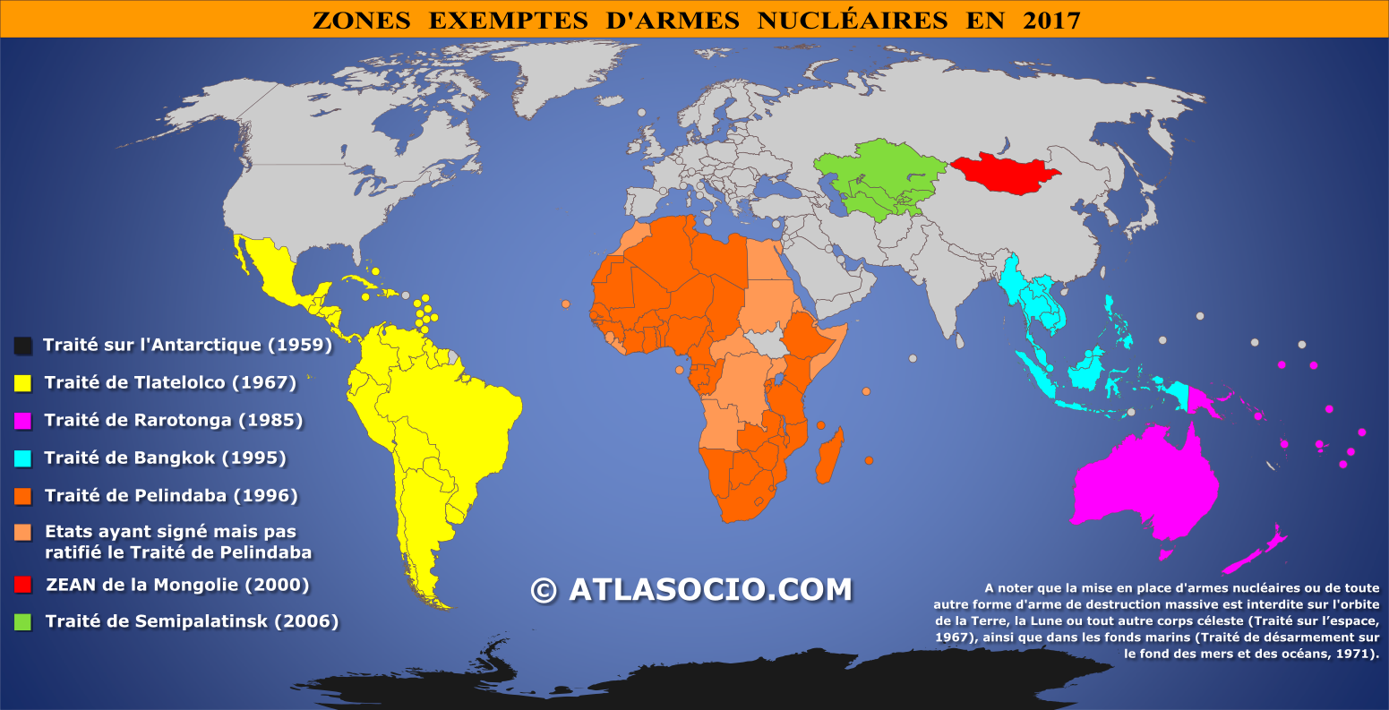 Carte du monde des zones exemptes d'armes nucléaires.