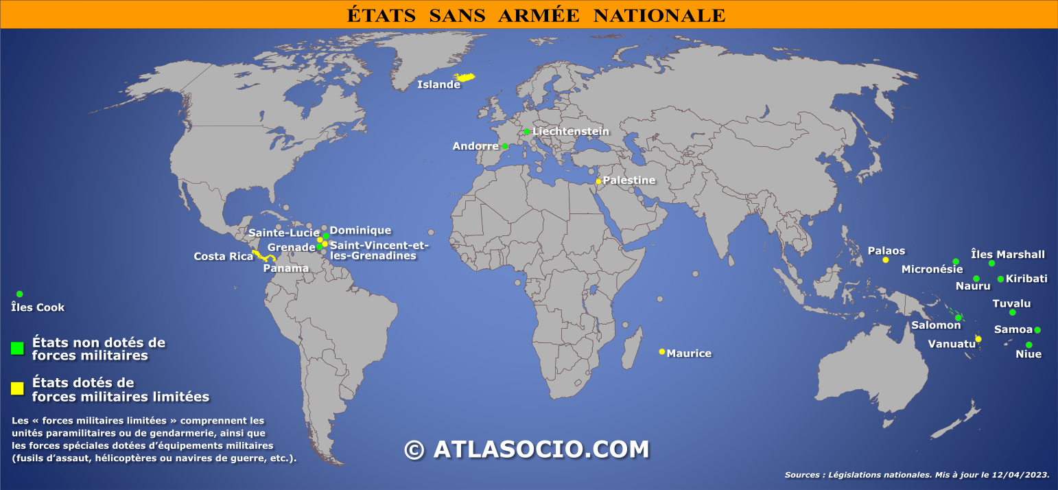 Carte du monde relative aux États n'ayant pas d'armée nationale