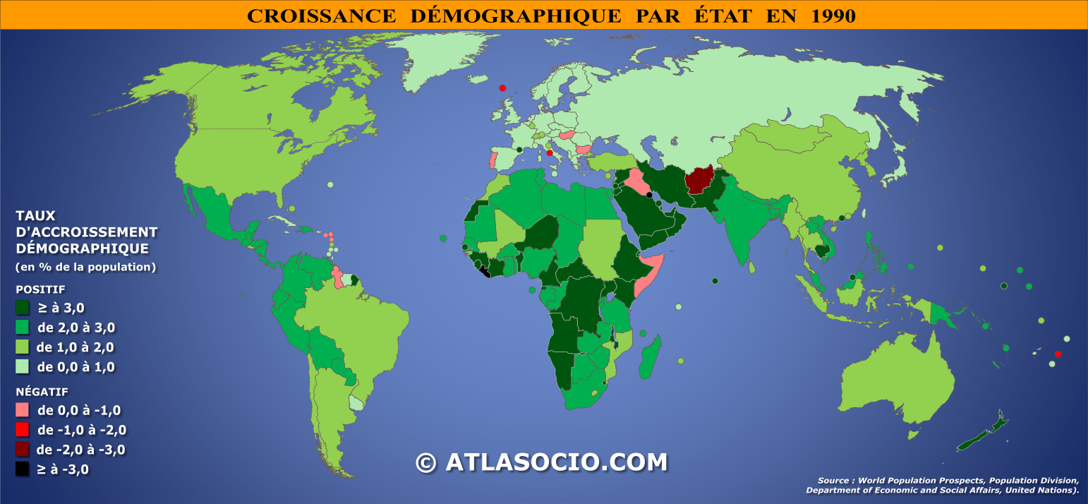 Carte du monde relative à la croissance démographique par État en 1990