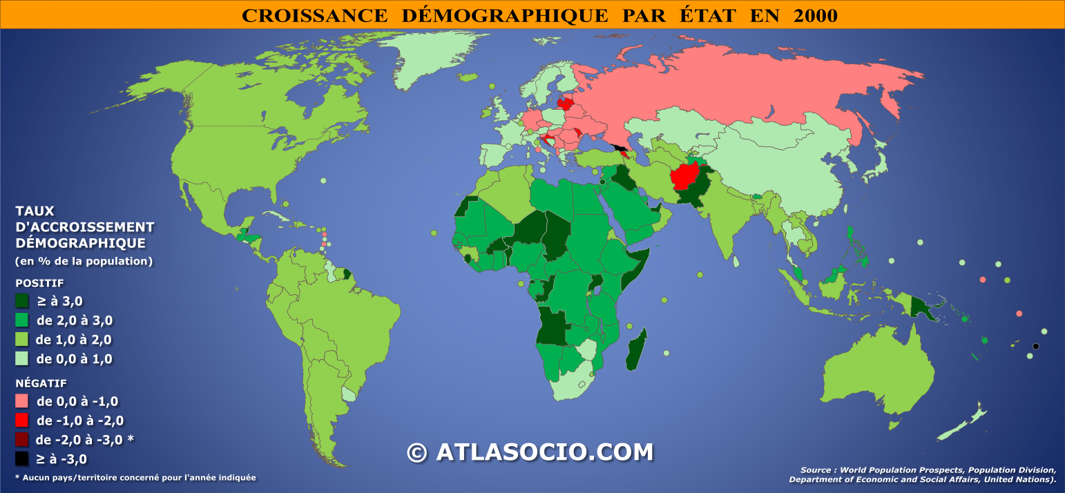 Carte du monde relative à la croissance démographique par État en 2000