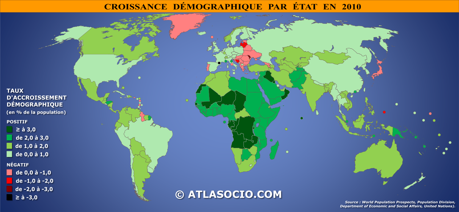 Carte du monde relative à la croissance démographique par État en 2010