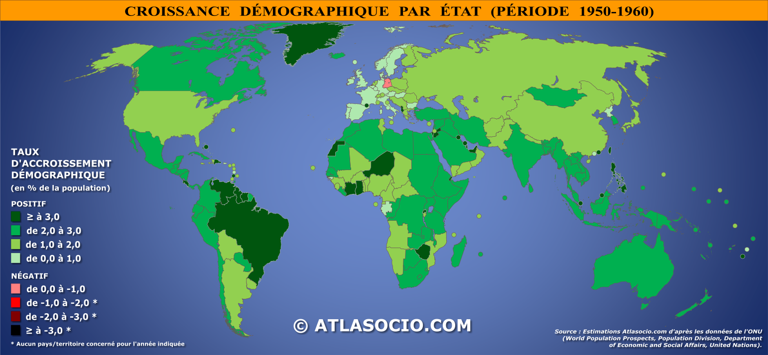 Carte du monde relative à la croissance démographique par État (période 1950-1960)