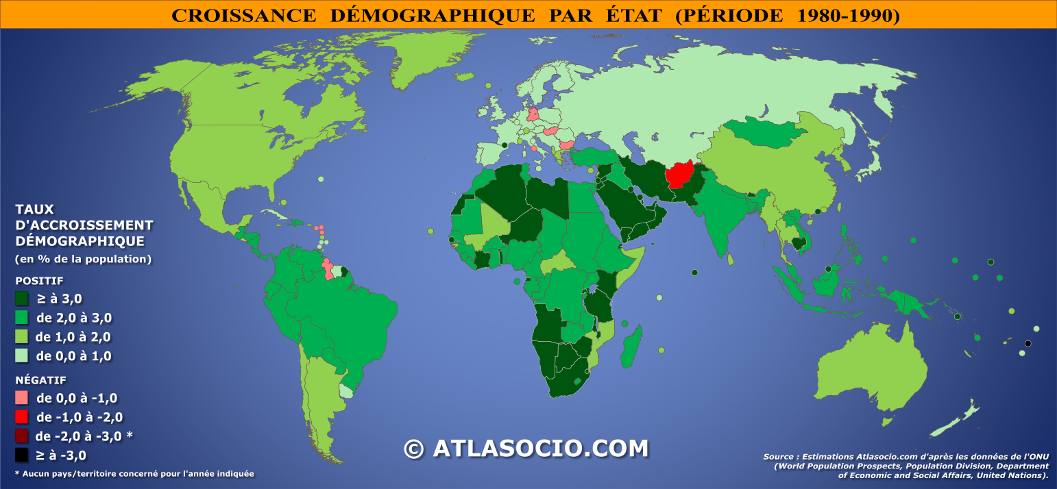 Carte du monde relative à la croissance démographique par État (période 1980-1990)