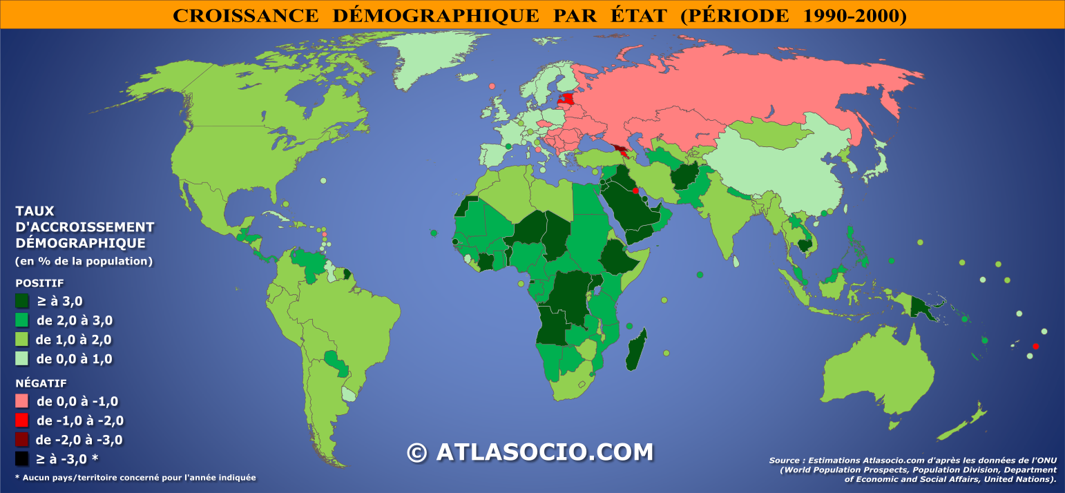 Carte du monde relative à la croissance démographique par État (période 1990-2000)