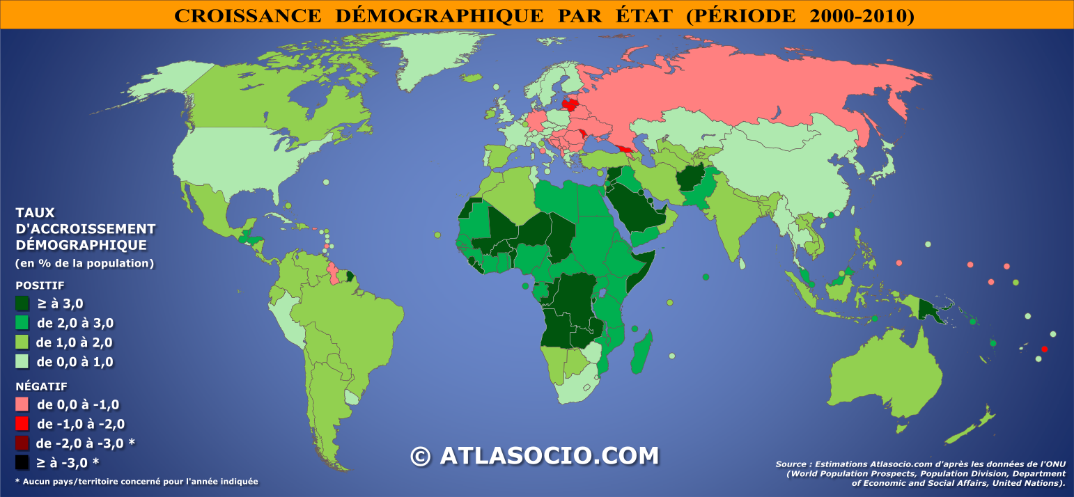 Carte du monde relative à la croissance démographique par État (période 2000-2010)