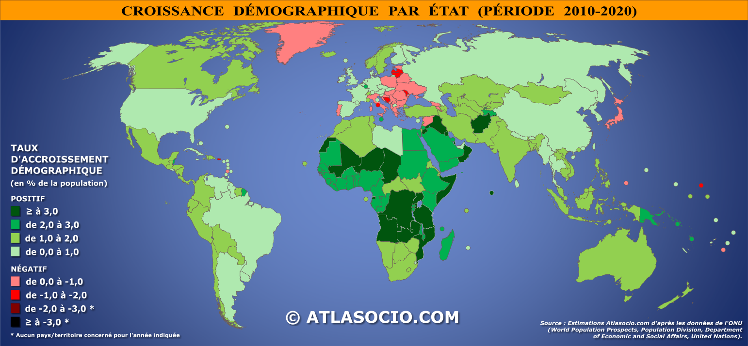 Carte du monde relative à la croissance démographique par État (période 2010-2020)