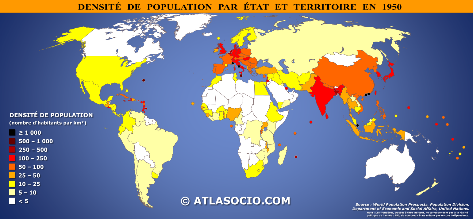 Carte du monde relative à la densité de population par État en 1950