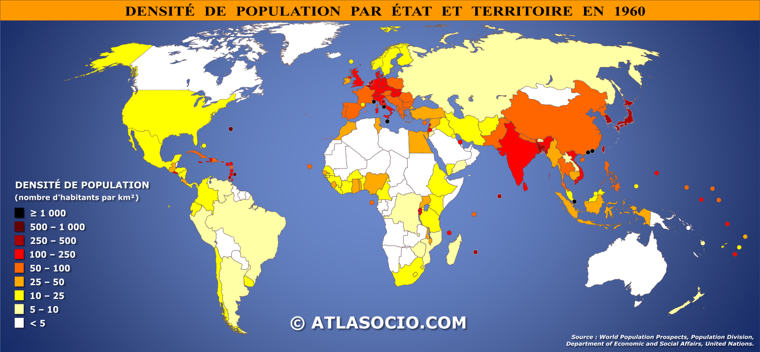 Carte du monde relative à la densité de population par État en 1960