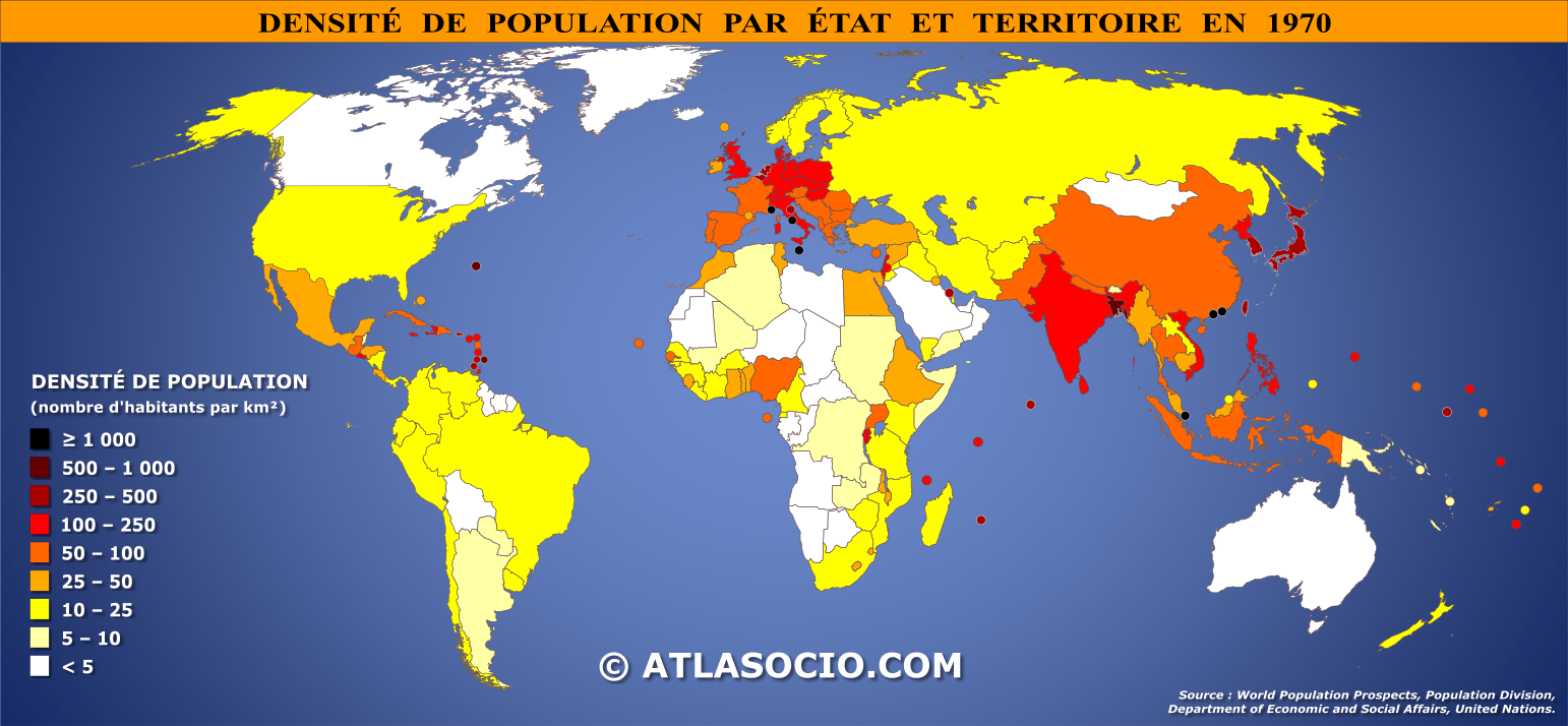 Carte du monde relative à la densité de population par État en 1970