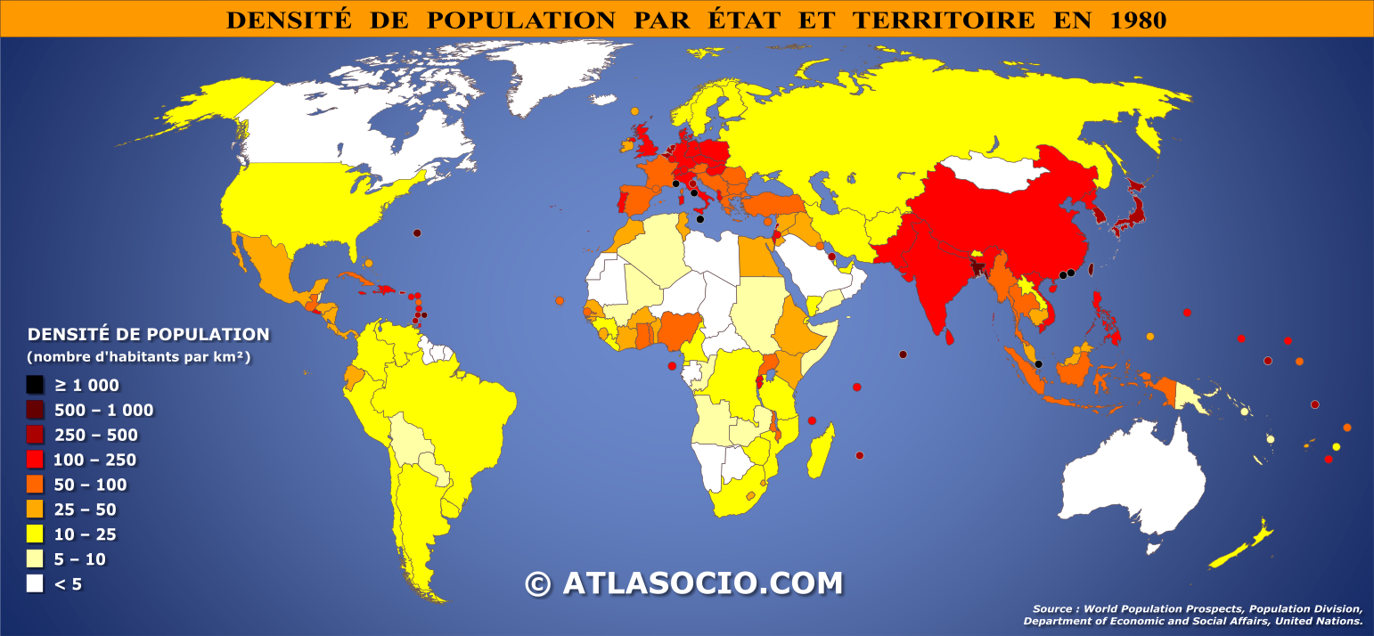 Carte du monde relative à la densité de population par État en 1980