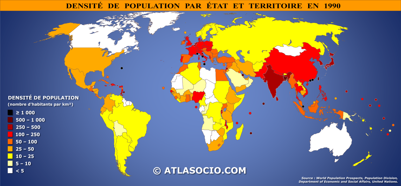 Carte du monde relative à la densité de population par État en 1990