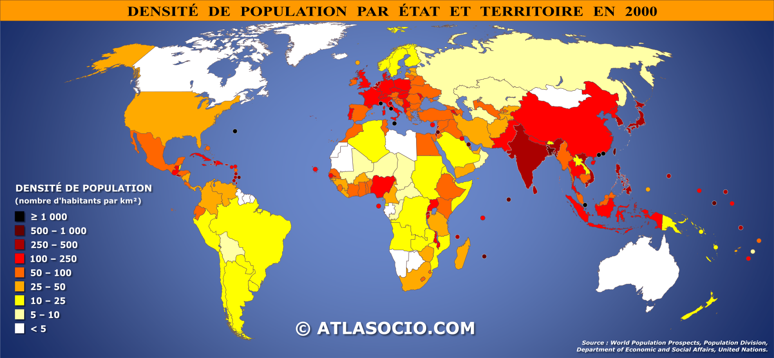 Carte du monde relative à la densité de population par État en 2000