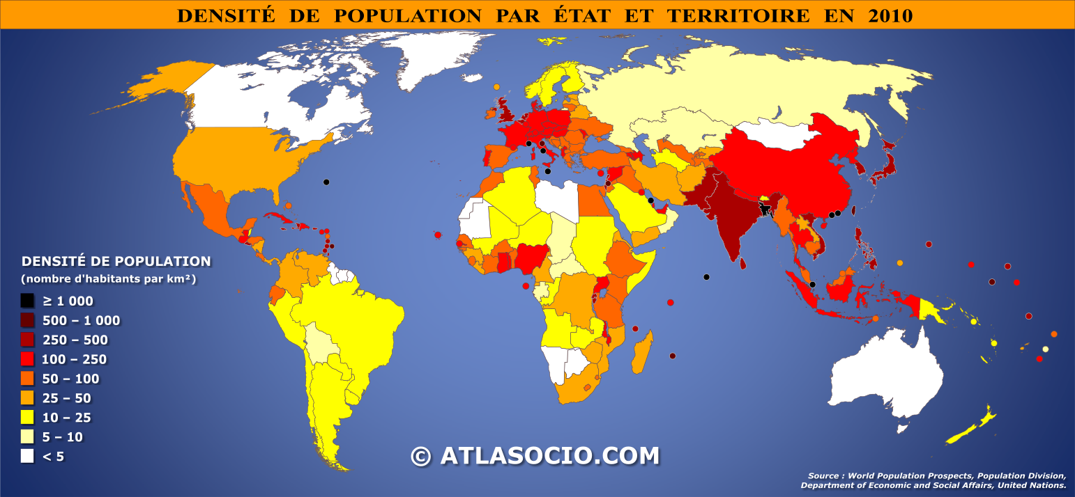 Carte du monde relative à la densité de population par État en 2010