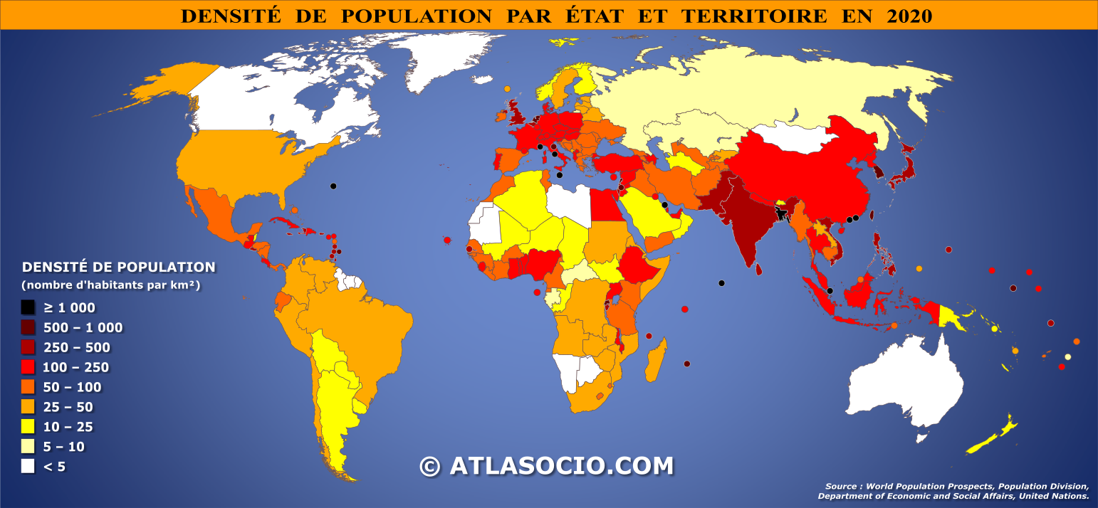Carte du monde : densité de population par État (habitants/km²) | Atlasocio.com