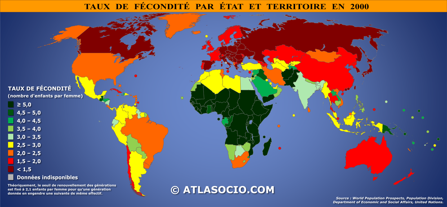 Carte du monde relative au taux de fécondité par État en 2000