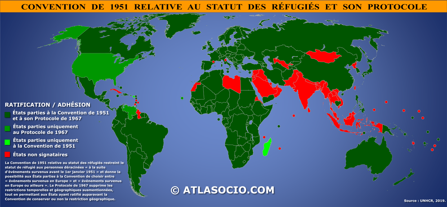 Carte des États parties à la Convention de 1951 relative au statut des réfugiés et/ou à son Protocole de 1967.
