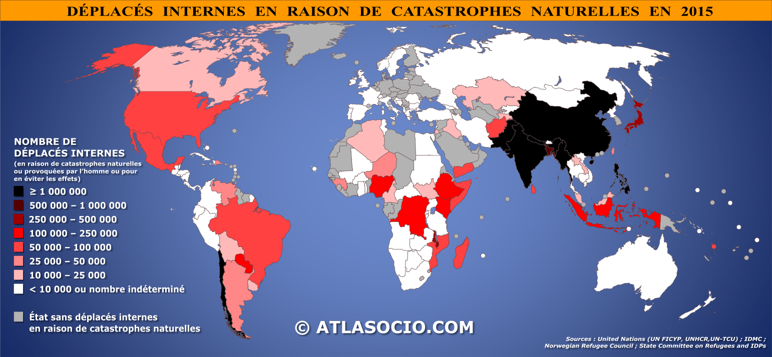 Carte du monde relative au nombre de déplacés internes en raison de catastrophes naturelles par État en 2015