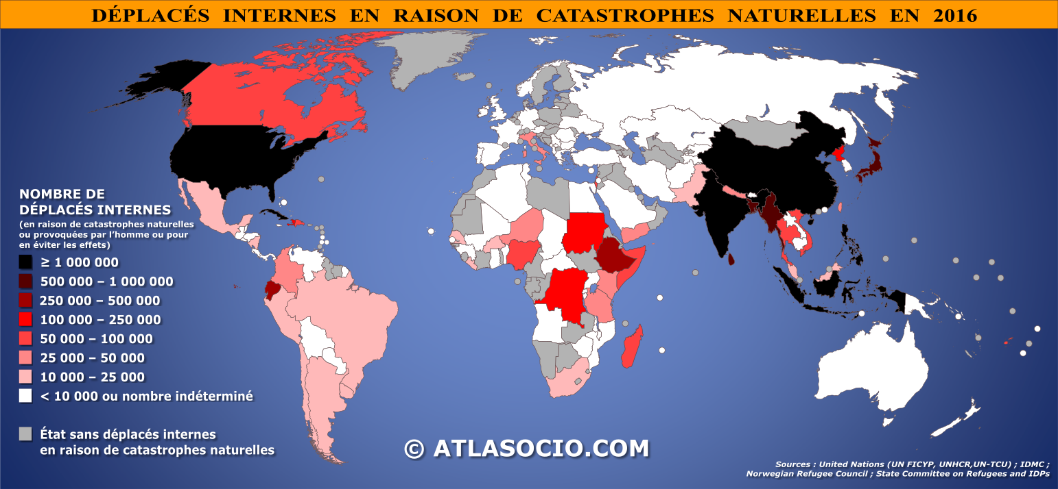 Carte du monde des déplacés internes en raison de catastrophes naturelles par État et territoire en 2016.